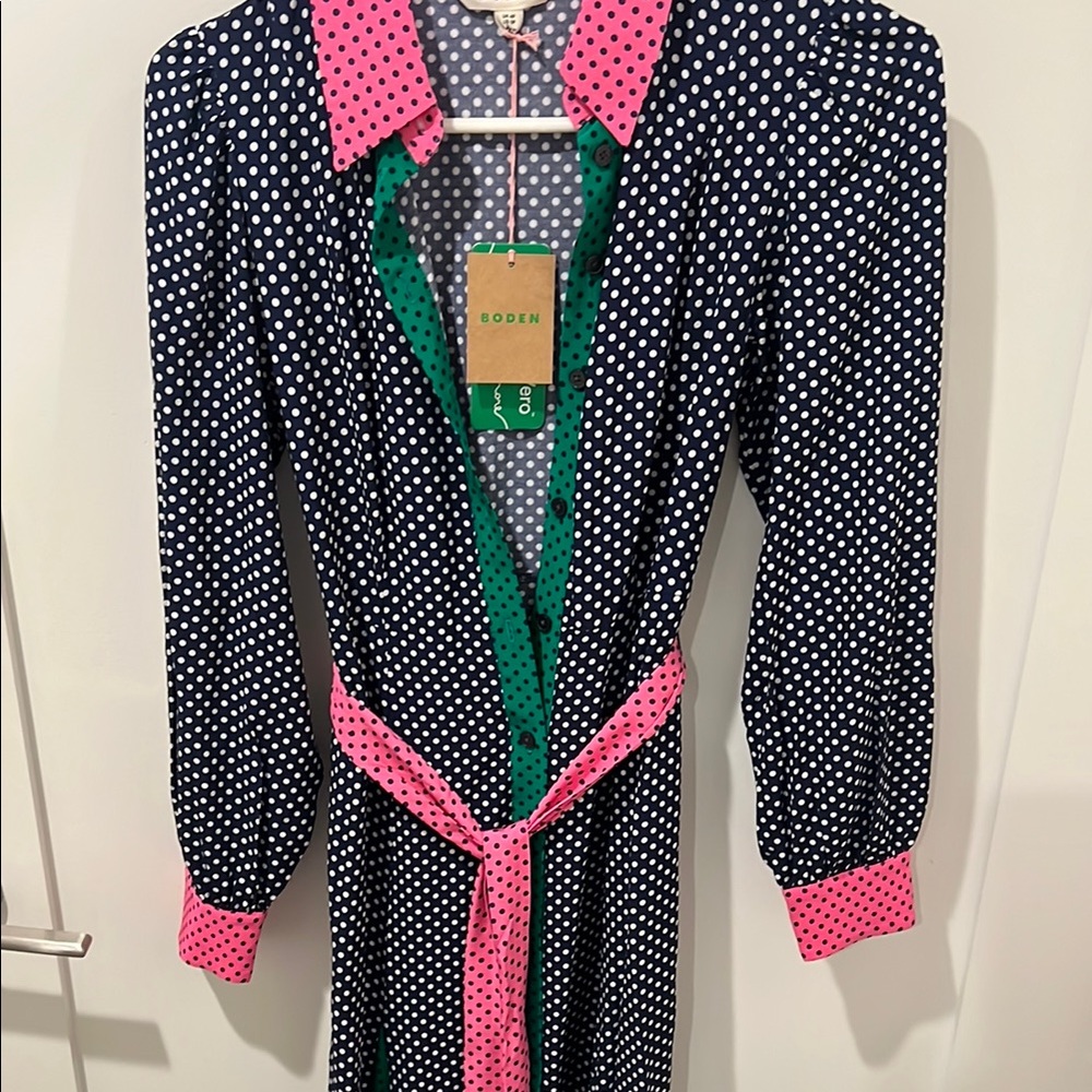 Boden Navy and Pink Polka Dot Midi Dress
